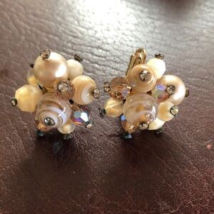 Vintage Vendome clip on crystal and faux pearl earrings mid century OS
